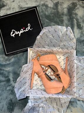 Qupid Peach Suede Platform Stiletto Heels with Ankle Wrap